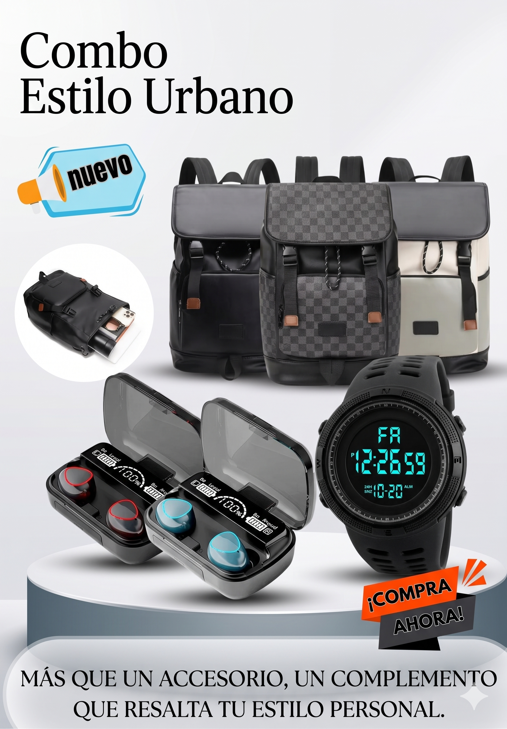 COMBO: BOLSO VINTAGE+RELOJ+AUDIFONOS M10